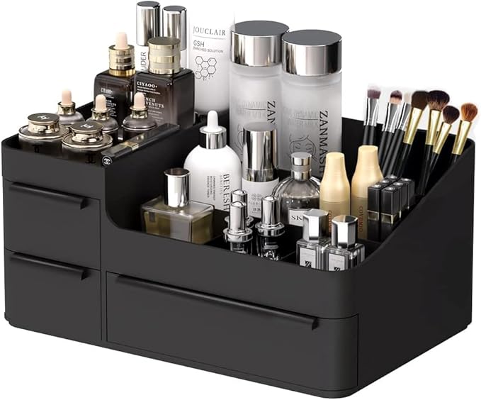 Makeup Organizer for Vanity, Bathroom Countertop Storage Display Boxes Case,Stackable Cosmetic Holder for Jewelry Hair Accessories Beauty Skincare Product Organizing with drawer organizer tray, Black