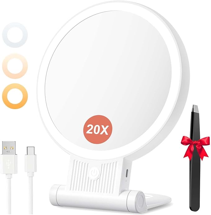 1X/20X Magnifying Mirror with Light, Double Sided Makeup Mirror with Adjustable Folding Handle, 2000mAh Rechargeable Vanity Mirror with Tweezer, Portable Tabletop Mirror for Travel Home