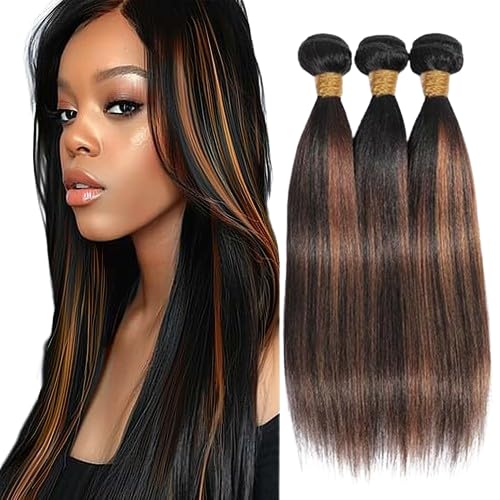 Highlight Human Hair P1B/30 Straight Bundles Two Tone Black Mixed With Light Brown Straight Bundles Brazilian Human Hair Weave Soft and Silky for Black Women 22 24 26 Inch