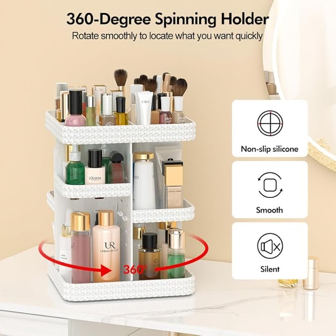 360°Rotating Makeup Organizer, Large Capacity Vanity Organizer with DIY Adjustable Trays, Makeup Brush Cosmetic Skincare Organizer Spinning Holder Shelf Storage Rack, Perfume Organizer For Dresser