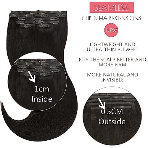 Loxxy Seamless Clip in Hair Extensions Real Human Hair Natural Black Extensions Hair Clip in Skin Weft 7Pcs 110G Invisible Seamless Extensions Clip in Human Hair For Women 20Inch #1B