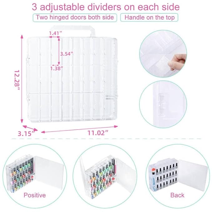 JIASHENG Two Nail Polish Organizer Case Holders, 48 Bottles Universal Nail Storage Box for Double Side Adjustable Space Divider for Acrylic Nail Gel Dip Powder Tips Set with Two Toe Separator