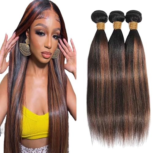 Ombre Human Hair P1B/30 Straight Bundles Two Tone Black to Light Brown Highlight Bundles Brazilian Human Hair Weave Soft and Silky for Black Women 24 26 28 Inch