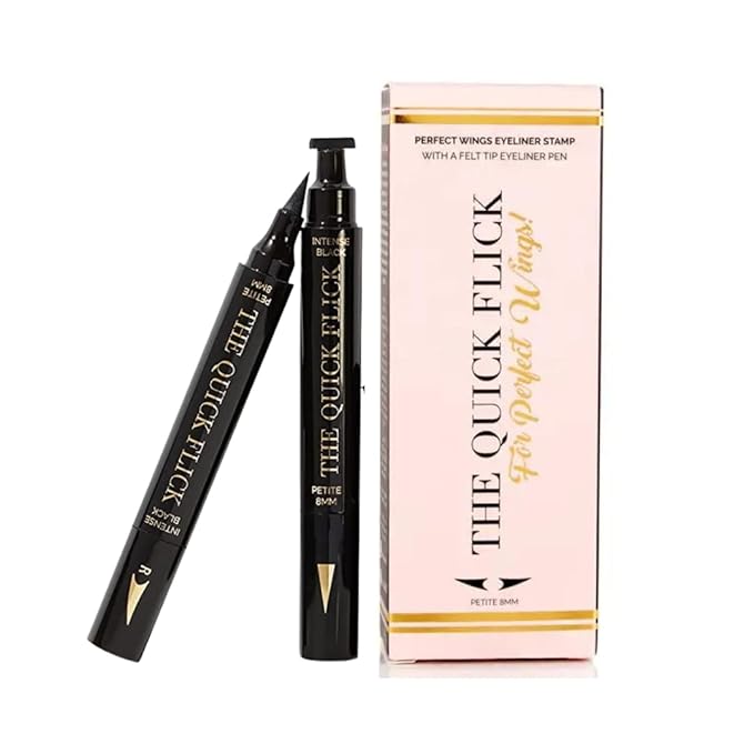 The Quick Flick Winged Eyeliner Stamp – Waterproof & Smudge Proof Vegan Cat Eye Stamp Eyeliner – 3mm Thick Winged Stamp & 8mm Petite Felt-Tip Liquid Hypoallergenic Eyeliner Pen (Intense Black-2 Pen)