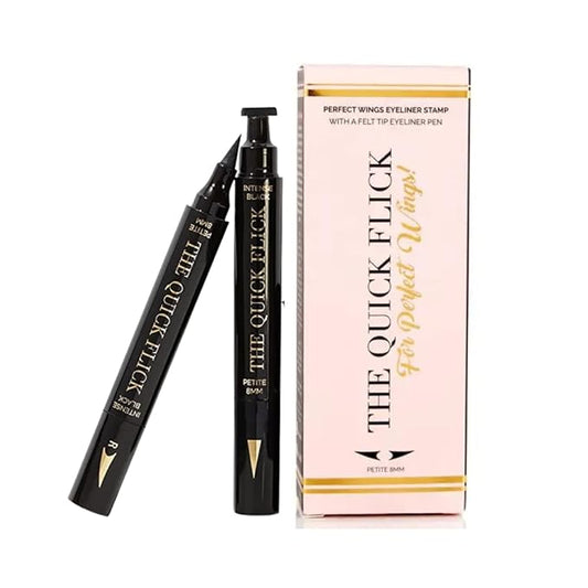 The Quick Flick Winged Eyeliner Stamp – Waterproof & Smudge Proof Vegan Cat Eye Stamp Eyeliner – 3mm Thick Winged Stamp & 8mm Petite Felt-Tip Liquid Hypoallergenic Eyeliner Pen (Intense Black-2 Pen)