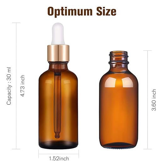 PrettyCare Eye Dropper Bottle 2 oz (12 Pack Amber Glass Bottles 60ml with Golden Caps, 24 Labels, Funnel & Measured Pipettes) Empty Tincture Bottles for Essential Oils