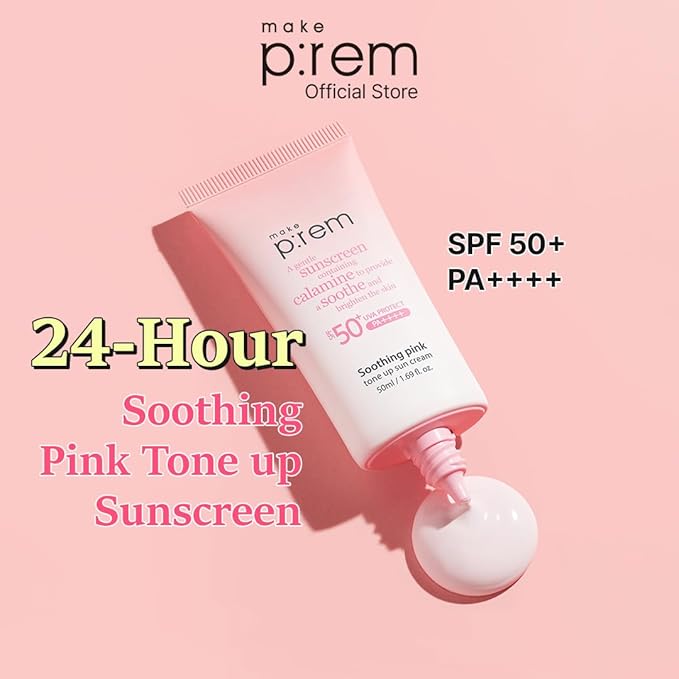 MAKE P:REM Soothing Pink Tone Up Sunscreen, Mineral Sunscreen for Dehydrated Skin, Lightweight, Non-Greasy Formula, Skin Tone Correction, Korean Sunscreen, SPF 50, 1.69 Fl. Oz. 50ml