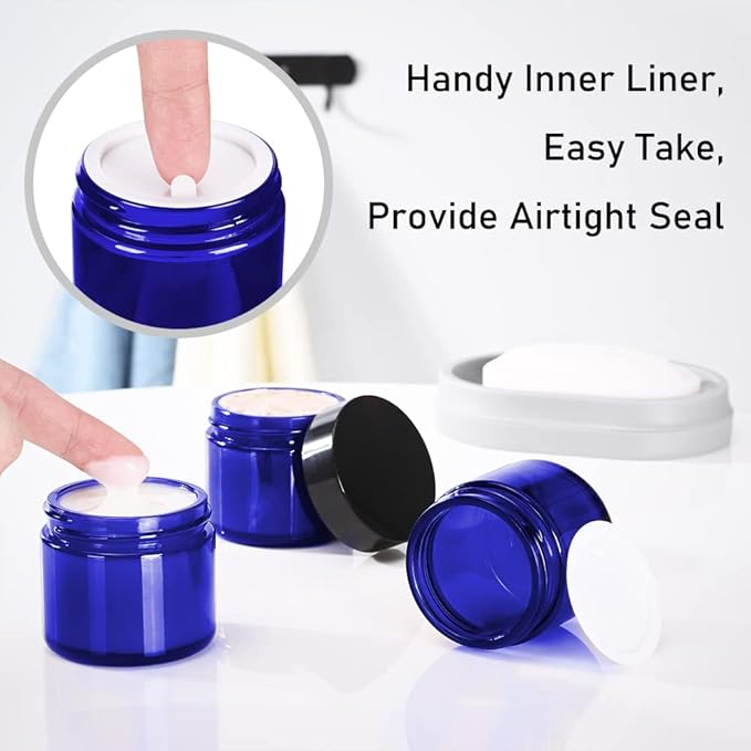 2 oz Glass Jars with Lids, 48 pack Blue Round Small Containers with Black Lids, Blank Labels & Inner Liners, Empty Cosmetic Containers for Sample, Powder, Cream, Lotion