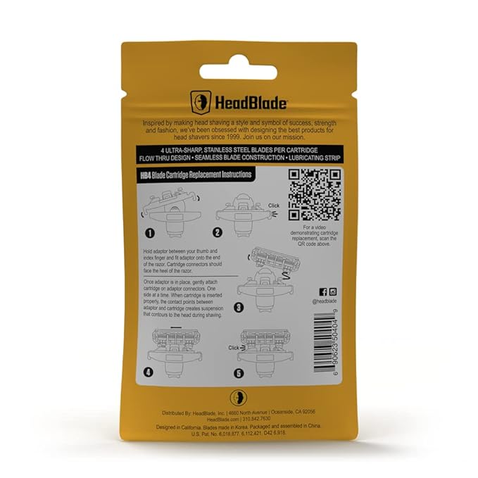 HeadBlade Men's HB4 Refill Shaving Razor Blades - 4 Stainless Steel Blades for No Tugging or Pulling, Shave Less, Works for Face, Body, and Scalp (12 Blades) 3 Pack