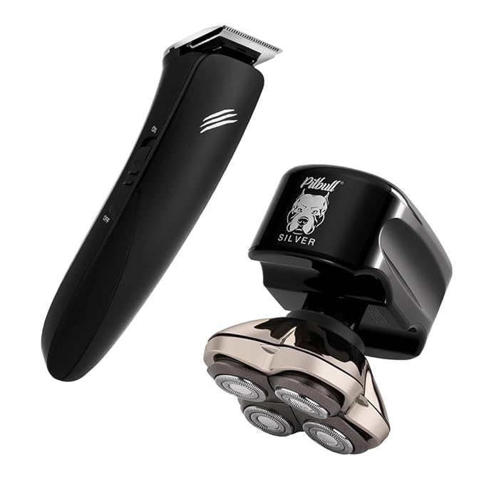 Skull Shaver Pitbull Silver PRO: Electric Head Shaver for Men with Baby Beast Trimmer: Ultimate Cordless Hair & Beard Grooming Kit, Precision Blades Bundle Best Gifting Combo
