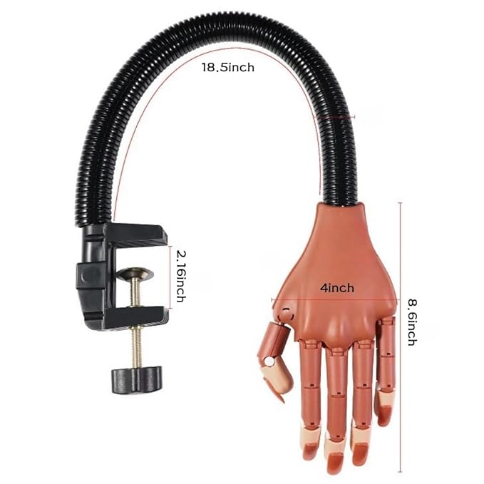 Practice Hand For Acrylic Nails Adjustable Flexible Nail Practice Hands Training Movable Nail Manicure Hand with 300 Brown Nail Tips and 1pc File 1pc Brush 1 pc Nail Buffer and 1 pc Clipper