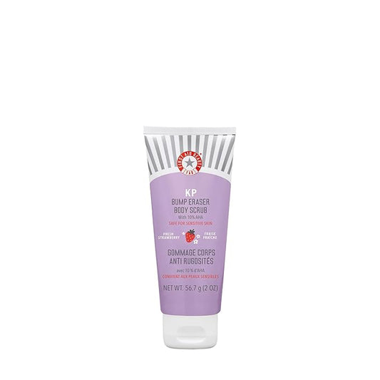 First Aid Beauty - KP Bump Eraser Body Scrub with 10% AHA, Keratosis Pilaris Exfoliator with Glycolic and Lactic acids, Helps Reduce Chicken Skin Bumps, Safe for Sensitive Skin, Strawberry Scent, 2 oz