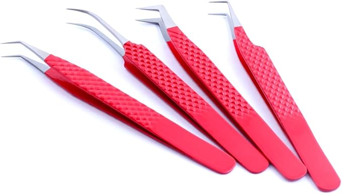 M LASH Tweezers for Eyelash Extensions (Set of 4) - Professional Lash Extension Tweezers - Fiber Tip, Japanese Steel, Diamond Grip Eyelash Extension Tweezer (Luscious Red)