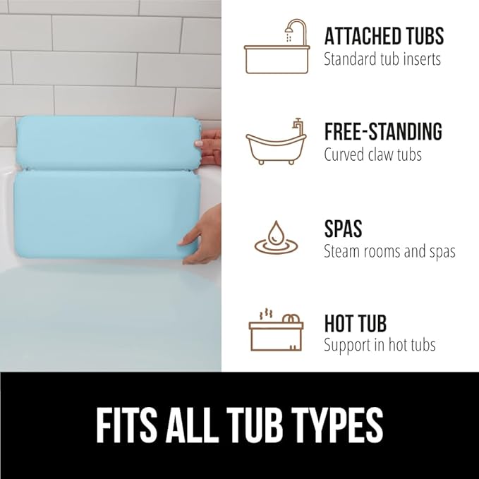 GORILLA GRIP Bath Pillow for Tub, Improved Suction Cups, Luxury Bathtub Pillows, Headrest for Neck and Back Support, Relaxing Home Spa, Hot Tubs and Bathroom Essentials, Gifts for Women, 2 Panel Blue