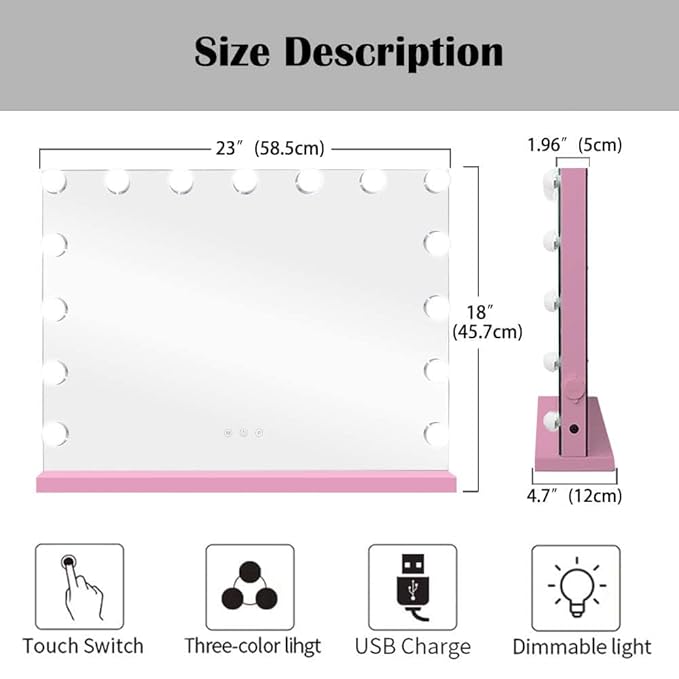 22.8"x 18.1" Vanity Mirror Makeup Mirror with Lights,10X Large Hollywood Lighted Vanity Mirror with 15 Dimmable LED Bulbs,3 Color Modes,Touch Control for Bedroom,Tabletop or Wall-Mounted