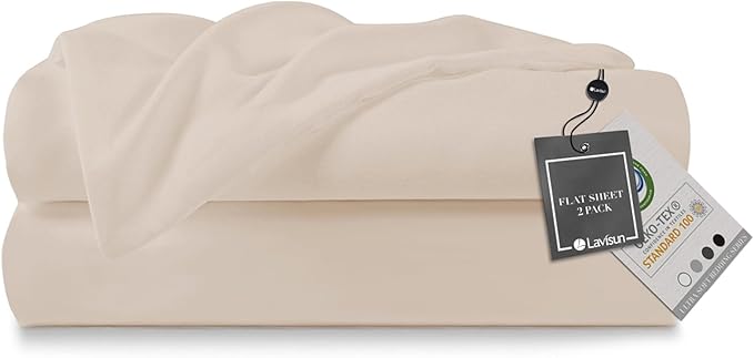 Lavisun Flat Sheets 2 Pack,Hotel Quality Flat Bed Sheets,Brushed Microfiber Bed Sheets, Bulk Sheets for Massage, Home, Dorm (Beige,Queen)