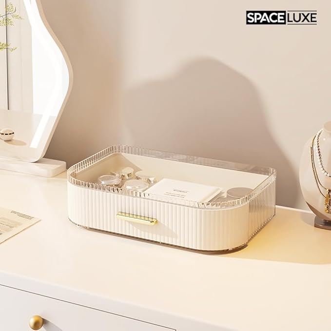 Makeup Organizer with Drawers and 360° Rotating Brush Holder, Large Capacity Cosmetic Storage for Vanity, Skincare, Perfume, Hair Accessories, Lipstick & Jewelry (Cream White, 2-layer)