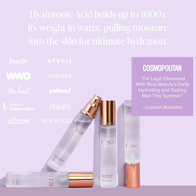 Beia Setting Spray with Hyaluronic Acid for Sensitive Skin - Hydrating Face Mist for Early Morning & Post Shower Glow - Moisturizing Finishing Spray for Makeup - Non Comedogenic Travel Size 0.5 Fl Oz