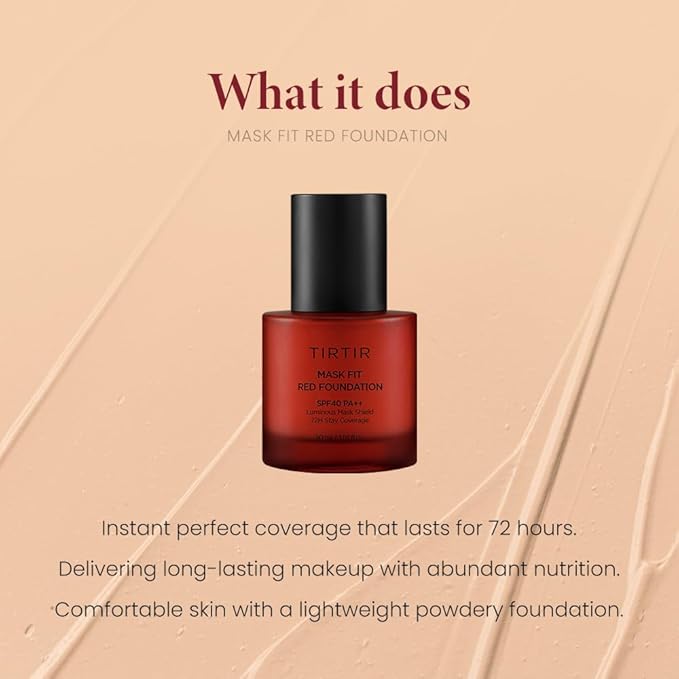TIRTIR Mask Fit Red Foundation + Puff Set | High Coverage, Long-Lasting, Lightweight, Buildable Coverage, Radiant Semi-Matte Finish, All Skin Types, Korean Foundation, #21N Ivory