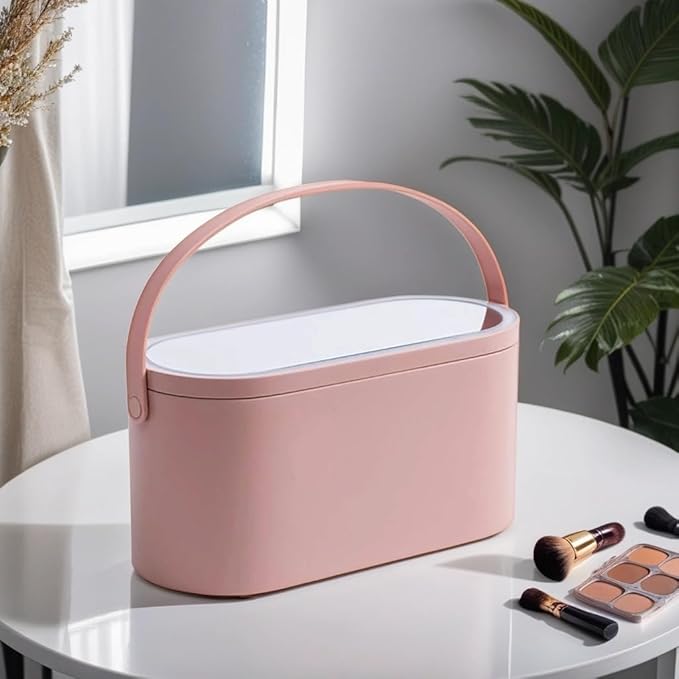 Travel Makeup Organizer Box with LED Mirror, Portable Makeup Case Touch Switch Home Cosmetic Box Jewelry Organizer Birthday Valentine's Day Gift for Women Girls,Pink