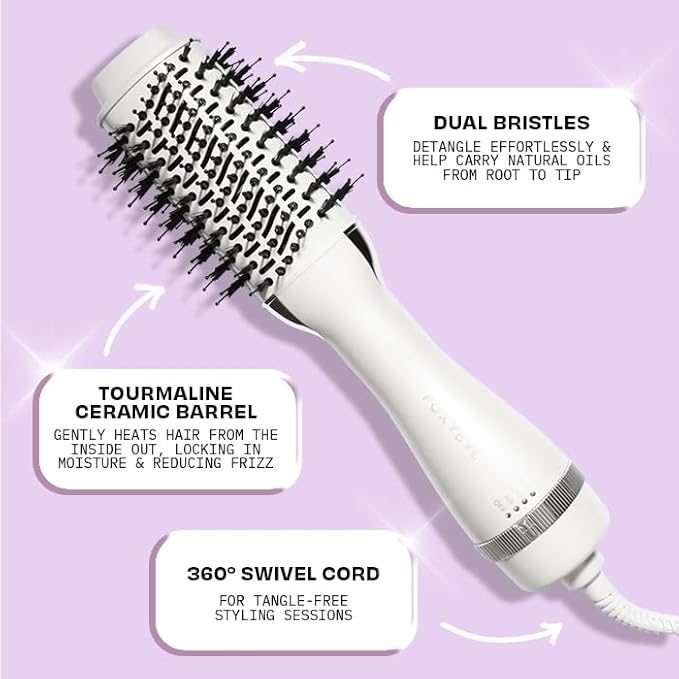 FoxyBae Blowout Hot Air Brush - 60mm Hair Dryer, Curler, Volumizer & Straightener - Ceramic Tourmaline Ionic Technology with Dual Bristles (Winter White)