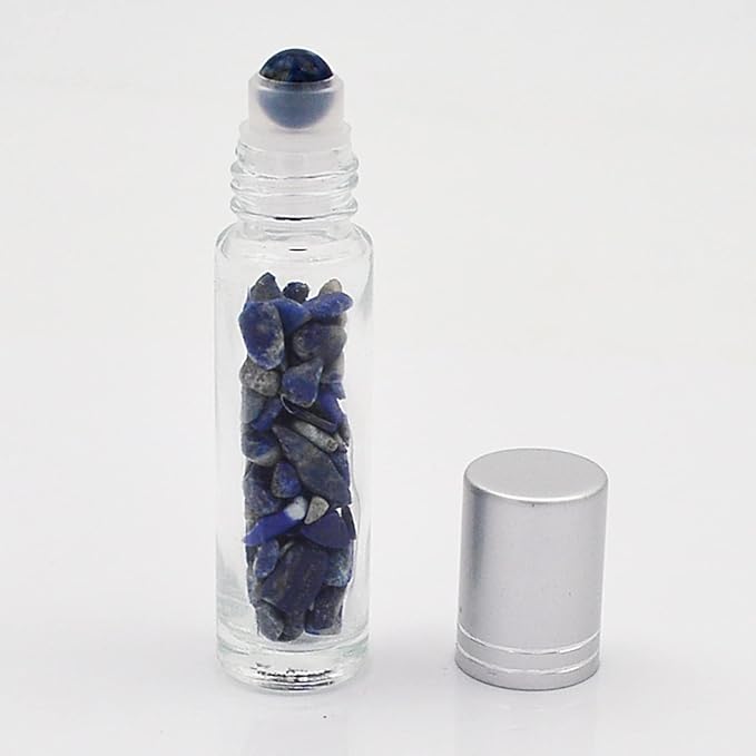 Essential Oil Roller Bottle 10ml w EVA Carrying Travel Case（Clear Glass Bottle with silver Cap、10pack、Gemstone Roller Balls、Healing Crystal Chips Inside、Opener)Gemstone Roller Ball Bottles