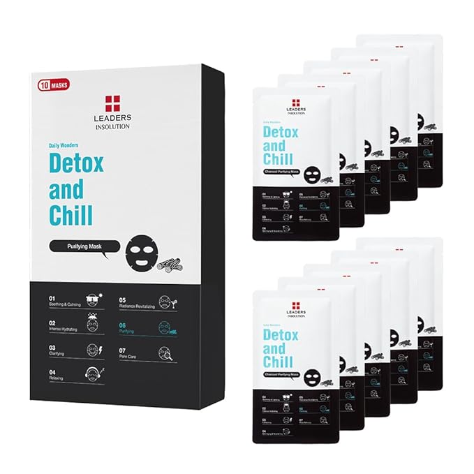 Leaders Insolution Daily Wonders Detox and Chill Facial Mask Sheet Activated Charcoal Purifying Pore Minimizing Exfoliating Dead Skin Korean Skincare (10 Sheets)