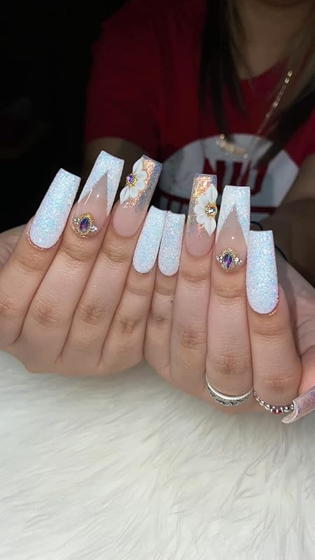 3D White Acrylic Flower Nail Art Charms Handmade by Acrylic Powder - 24pcs Flowers Nail Rhinestones Kit 3D Crystal Nail Pearls Design Acrylic Nail Art for Women (White)