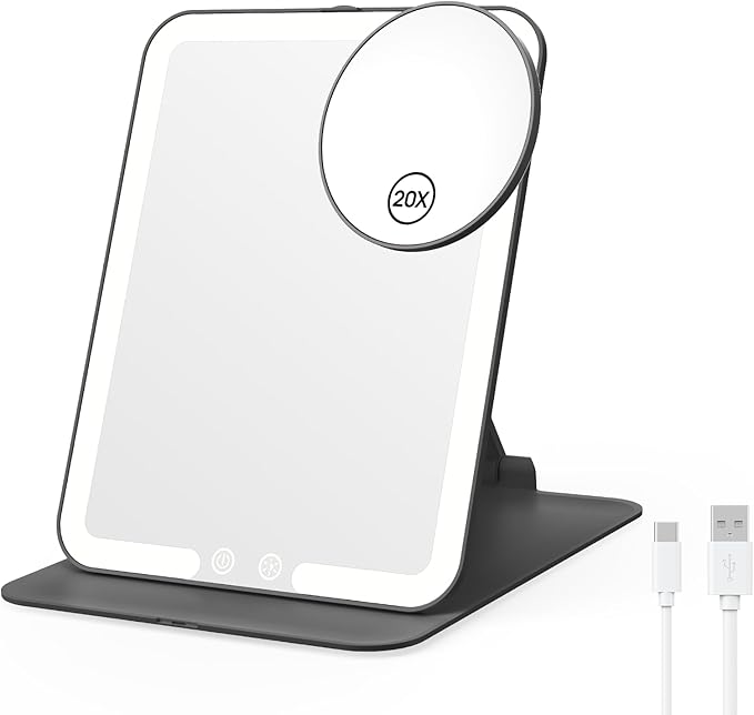 Benbilry Foldable Travel Makeup Mirror with Lights and 20X Magnification, Rechargeable Tabletop LED Vanity Mirror with Adjustable Stand, 3-Colored Dimmable Lighting, Portable Cosmetic Mirror, Black