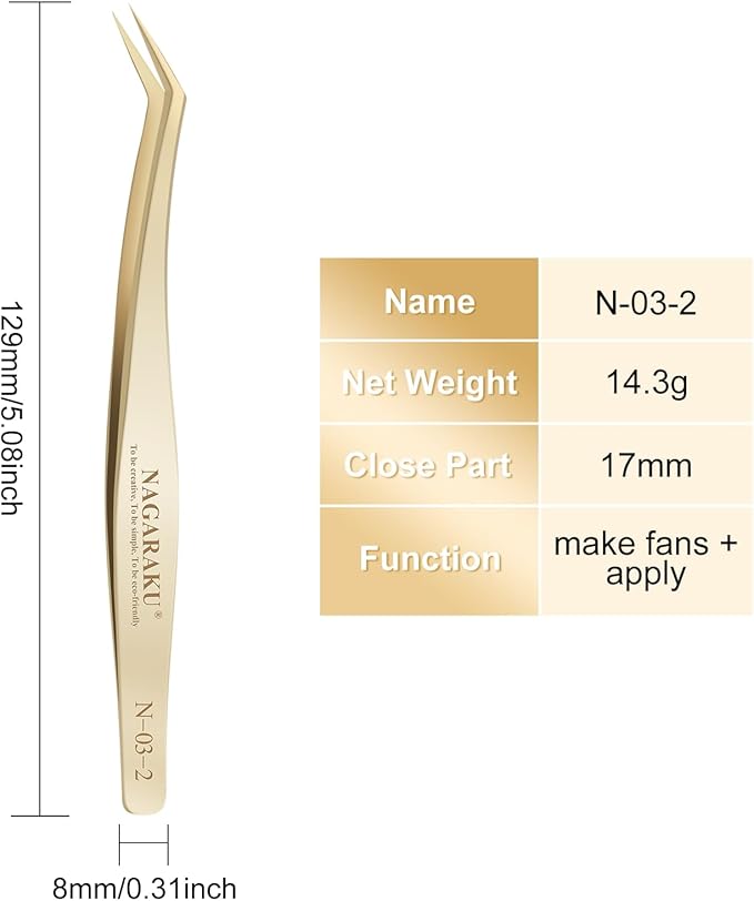NAGARAKU Tweezers for Eyelash Extensions Gold Curved Angled Long tip Volume Cluster Super Light Weight Easy Fanning Tweezers Stainless Steel Precision (N-03-2)