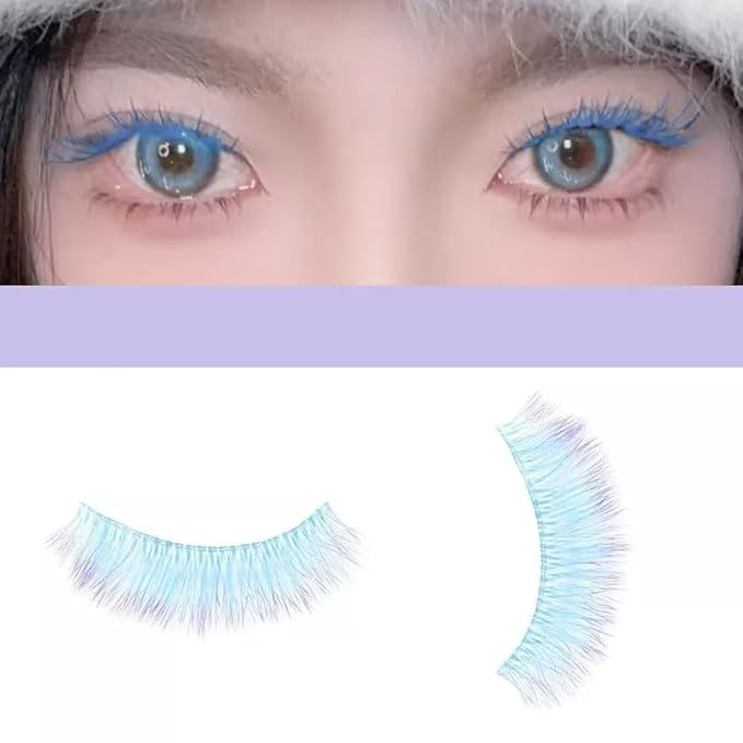 Sunniess Ombre Afro-Curl Colored Lashes Silk Protein Fluffy Wispy Volume Fake Short Lashes with Color for Daliy Halloweens Cosplay Party Stage Blue Purple Lashes Make up False Eyelashes 5 Pairs