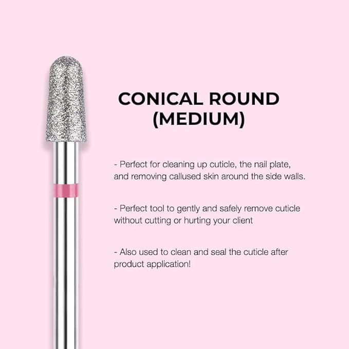Kiara Sky Cuticle Bit and Bundle - Diamond Cuticle Drill Bits - Long Lasting Nail Drill Bits - Professional Cleaner Tool for Under Nails, Conical Round Medium Cuticle Bit