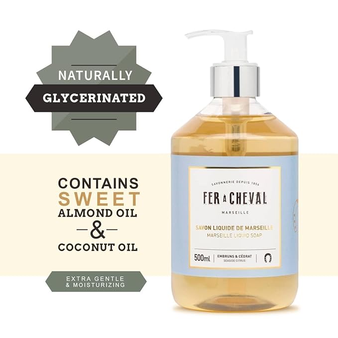 Fer à Cheval Marseille Liquid Soap, Luxury French Liquid Soap, Savon Liquide De Marseille, Seaside Citrus, 500ml/16.9fl oz