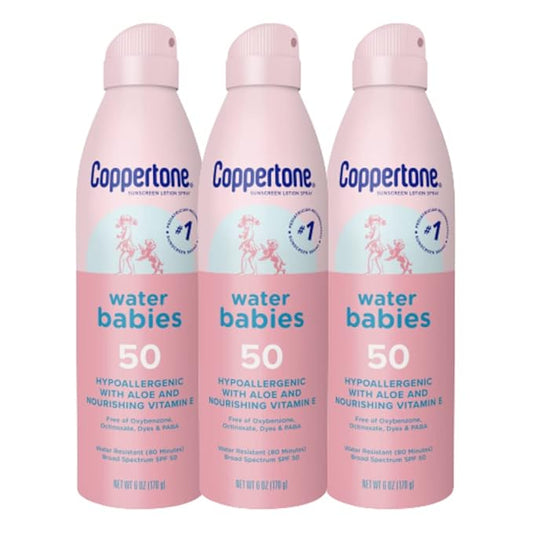 Coppertone WaterBabies Baby Sunscreen Spray SPF 50, Spray On Sunscreen for Babies, Water Resistant, Pediatrician Recommended, 6 Oz, Pack of 3