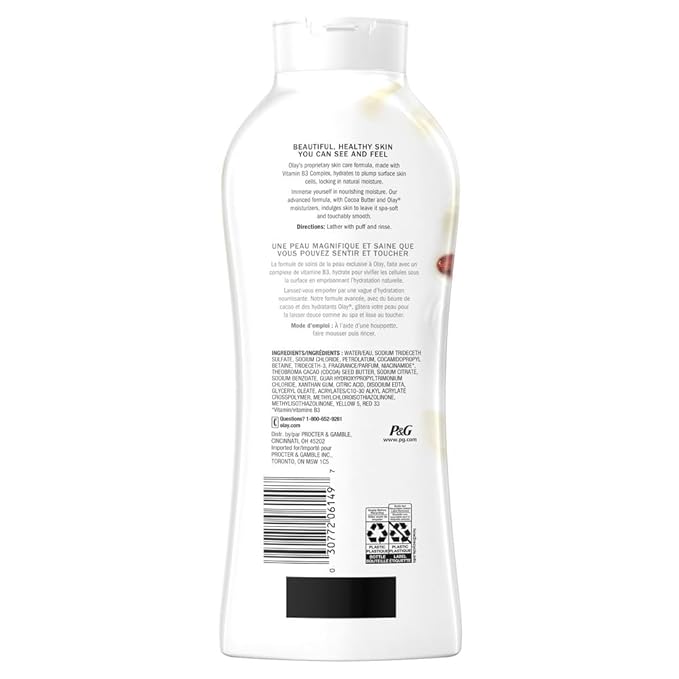 Olay Body Wash for Women, Ultra Moisture, 24hr Moisturizing, Hydrating & Refreshing, B3 Vitamin Complex, Free of Parabens & Phthalates, For All Skin Types, Cocoa Butter Scent, 22 fl oz (Pack of 4)