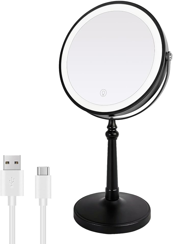9" Lighted Makeup Mirror, 1X/10X Magnifying Mirror with Lights, Double Sided Vanity Mirror with Lights, 3 Color Dimmable Makeup Mirror with Light (Black)