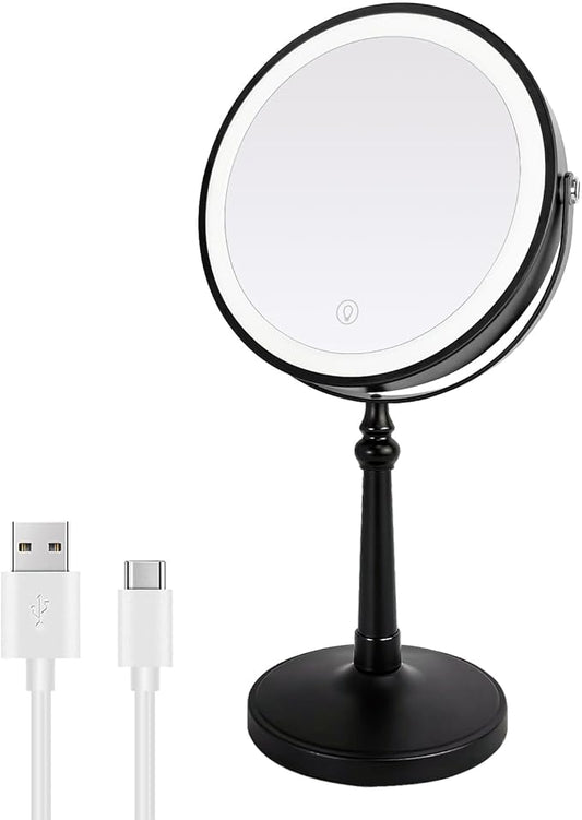 9" Lighted Makeup Mirror, 1X/10X Magnifying Mirror with Lights, Double Sided Vanity Mirror with Lights, 3 Color Dimmable Makeup Mirror with Light (Black)