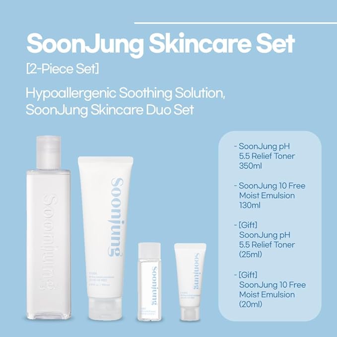 Etude Soonjung Skincare 2 Set ph 5.5 Relief Toner / 10-Free Moist Emulsion with Gift | Hypoallergenic Skin Soothing and Moisturizing Skincare for Sensitive Skin | Korean Skin Care, Perfect for Gift