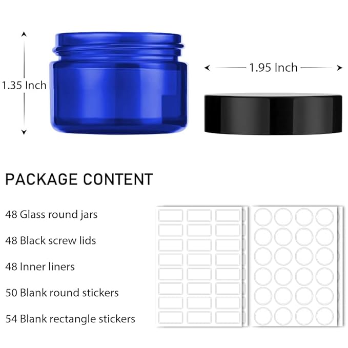 1 oz Blue Glass Jars with Lids, 48 pack Clear Small Jars with Black Lids, White Labels & Inner Liners, Empty Round Cosmetic Containers for Cream, Lotion