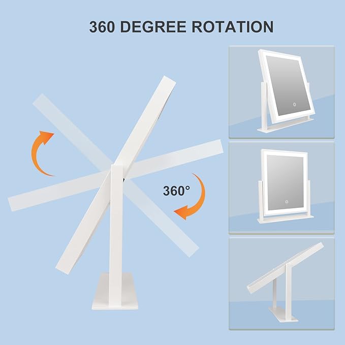 Beelux Makeup Mirror with Lights Lighted Up Vanity Mirror with Touch Control 3 Color Lighting Modes Dimmable 360°Rotation for Vanity Desk Tabletop 13Inch Christmas Birthday Present