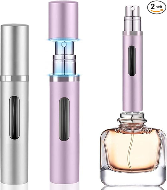 8ml Perfume Atomizer Travel Refillable,Mini Cologne Dispenser, Bottom-Filling Fragrances Perfumes Bottle,Portable Sprayer Pocket Size for Women Men Cruise Car Trip Gift 2pcs (Pink-Sliver)
