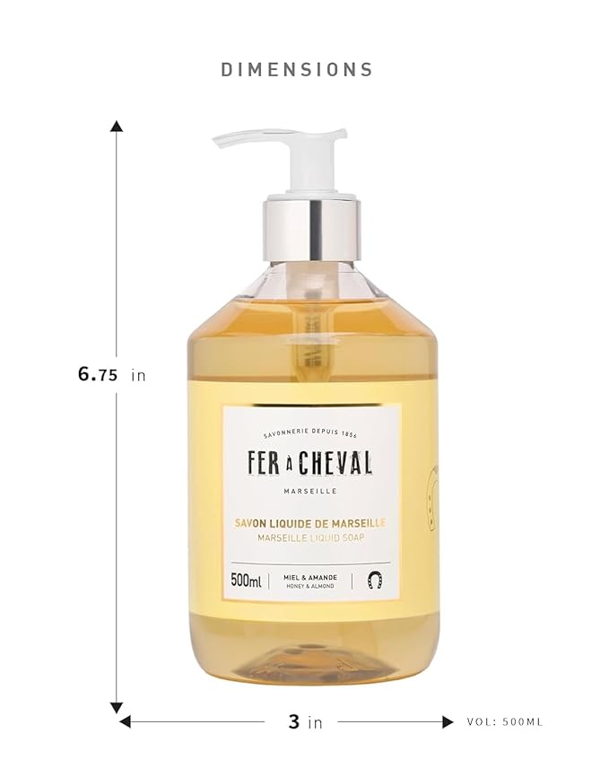 Fer à Cheval Honey & Almond Nourishing Liquid Soap - Natural Almond & Coconut Oil Blend, Ultra Gentle & Moisturizing, Eco-Conscious - Set of 2, 500ml / 16.9 f oz