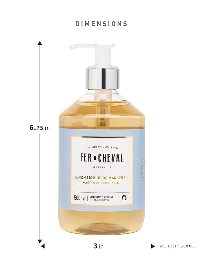 Fer à Cheval Marseille Liquid Soap, Luxury French Liquid Soap, Savon Liquide De Marseille, Seaside Citrus, 500ml/16.9fl oz