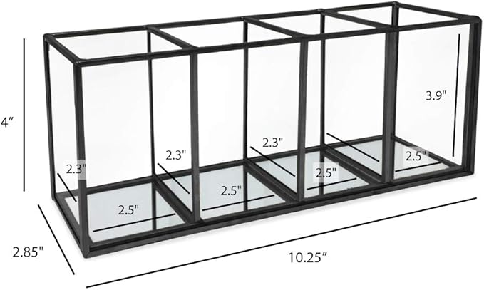 Isaac Jacobs 4-Compartment Organizer- Makeup Brush Holder- Vintage Style Brass and Glass Storage Solution with Mirror Base- Office, Bathroom, Kitchen Supplies and More (Black)