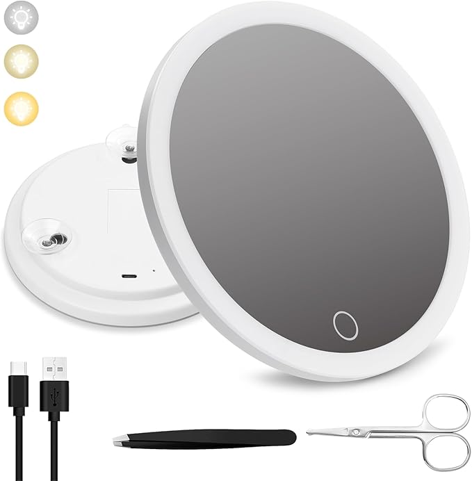 5x Lighted Magnifying Mirror with Suction Cups, Large 6'' Magnified Mirror with Light High Magnification Travel Makeup Mirror, Rechargeable Battery, 3 Colors Dimming Light, with Tweezers &Scissors