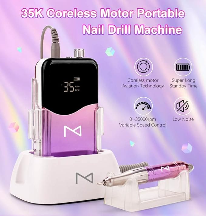M Mase- Professional Nail Drill Machine - 2-in-1 Nail File - Cordless, 35000 RPM, HD Display - Gift for Her - Electric Nail Drill for Professional & Home Use (Metallic Gold)