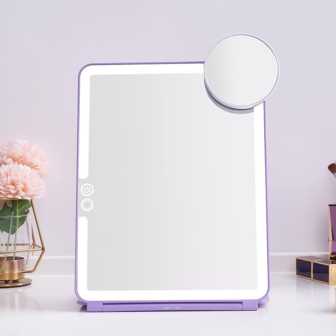 LED Foldable Travel Makeup Mirror - 7x9 inches 3 Colors Light Modes USB Rechargeable Touch Screen, Portable Tabletop Cosmetic Mirror for Travel, Cosmetic, Office (Violet)