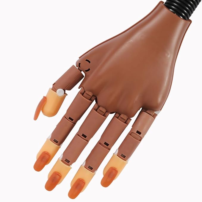 Practice Hand For Acrylic Nails Adjustable Flexible Nail Practice Hands Training Movable Nail Manicure Hand with 300 Brown Nail Tips and 1pc File 1pc Brush 1 pc Nail Buffer and 1 pc Clipper