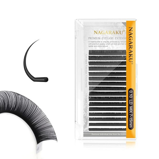 NAGARAKU Eyelash Extensions Individual Lashes 0.10 LD curl 7-15mm Mix Classic Faux Mink 16 rows Matte Black Soft Natural