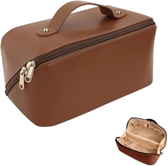 Large Capacity Waterproof Travel Cosmetic Bag - PU Leather - Brown Light